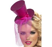 Smiffys Colección Fever, Mini chistera en diadema, rosa fuerte, con redecilla desmontable Halloween, Carnaval
