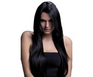 Smiffys Colección Fever, Peluca Amber, negra, larga lisa con flequillo emplumado, 71cm / 28in Halloween, Carnaval