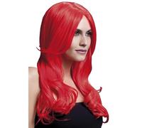 Smiffys Colección Fever, Peluca Khloe, 56cm/22in, roja neón, onda larga con raya al medio