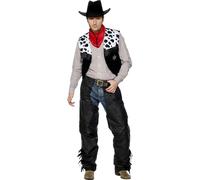 Smiffys Disfraz de vaquero, negro, con chaparreras, chaleco, cinturón y pañuelo Halloween, Carnaval