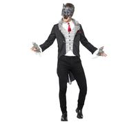 Smiffys Disfraz de gran lobo feroz, deluxe, Gris, con chaqueta, cola de quita y pon, camisa falsa, máscara y guantes Halloween, Carnaval