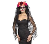 Smiffy's Diadema Deluxe Día de Muertos – Rojo y negro, rosas y velo – Halloween/Carnaval
