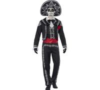 Smiffys Disfraz de señor Huesos del Día de Muertos, con chaqueta, pantalón, falsa camisa y sombrero Halloween, Carnaval