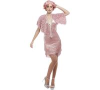 Smiffys Deluxe Disfraz de años 20, rosado, con vestido y estola de pelo Halloween, Carnaval