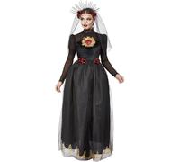 Smiffys Disfraz de novia de corazón sagrado del Día de Muertos, Negro, Vestido y diadema velada Halloween, Carnaval