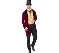 Smiffys Deluxe Edwardian Gent Costume, Red with Jacket, Mock Waistcoat & Cravat, Historical Fancy Dress, Medieval Dress Up Costumes