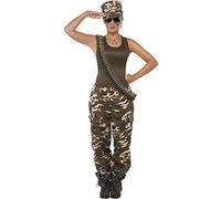 Smiffys Disfraz de camuflaje deluxe, color caqui, para mujer, incluye camiseta, pantalones y gorro Halloween
