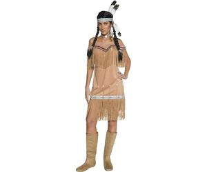 Smiffys DeluxeDisfraz de Mujer Inspirado en nativos Americanos, Color Beige con Vestido y Flecos, Disfraz de Vaqueros e Indios, Disfraces para Adultos