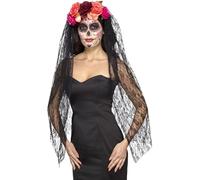 Smiffys Diadema de lujo del Día de los Muertos, rojo y negro con rosas y velo, disfraz mexicano del Día de los Muertos, accesorios de disfraces de Halloween