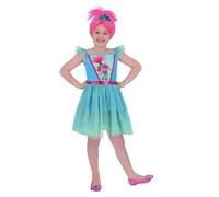 Smiffys Disfraz de amapola de Trolls Band Together, vestido rosa para niños con falda de tul con purpurina, traje oficial con detalle de hombro y estampado oficial de amapola, disfraz oficial de