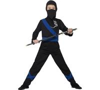 Smiffys Disfraz de asesino ninja, Negro y azul, con capucha, máscara, parte de arriba y pantalones Halloween, Carnaval