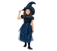 Smiffys Disfraz de bruja de medianoche deluxe, azul, con vestido, cinturón, broche lenticular con estampado 3D y sombrero