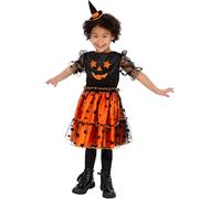 Smiffys Disfraz de calabaza de Halloween para niñas con falda de estrella naranja y negra, diseño de cara con purpurina y mini diadema de sombrero de bruja, disfraz espeluznante para fiestas y escuela