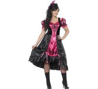 Smiffys Disfraz de camarera descarada de bar del Viejo Oeste con curvas, Rosa, con vestido y horquilla con pluma Halloween, Carnaval