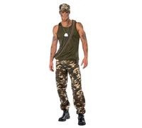 Smiffys Disfraz de camuflaje deluxe, color caqui, para hombre, incluye camiseta, pantalones y gorro Halloween, Carnaval