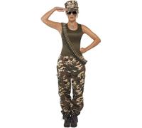 Smiffys Disfraz de camuflaje deluxe, color caqui, para mujer, incluye camiseta, pantalones y gorro Halloween