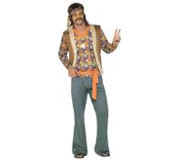 Smiffys Disfraz de cantante hippie años 60 para hombre, multicolor, con camiseta, chaleco, pantalones, cinturón y cinta para la cabeza