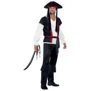 Smiffys Disfraz de capitán pirata, Negro, con parte de arriba, pantalón, corbata y sombrero con pelo Halloween, Carnaval