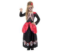 Smiffys Disfraz de chica deluxe del día de muertos, Negro, con vestido y diadema