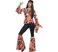 Smiffys Disfraz de chica hippy, Multicolor, con parte de arriba, pantalón, pañuelo para el cuello y medallón Halloween, Carnaval