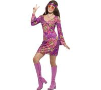 Smiffys Disfraz de chica hippy, Multicolor, con vestido, pañuelo para el cuello y medallón Halloween, Carnaval