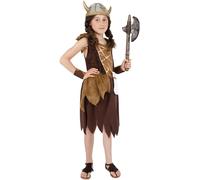 Smiffy's Disfraz de chica vikinga – Marrón con vestido y muñequeras – Halloween/Carnaval