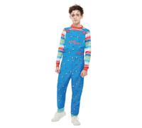 Smiffys Disfraz de Chucky en azul para niños, vestido y parte superior, licencia oficial, vestido de peto azul y parte superior a rayas con puños de bloque de color, ideal para Halloween y disfraces a