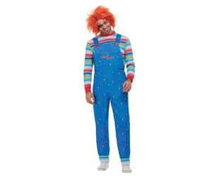Smiffys Disfraz de Chucky en color azul para adultos, parte superior e impresa, licencia oficial, parte superior a rayas con puños de bloque de color, perfecto para Halloween y disfraces de mascotas a