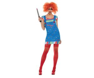 Smiffys Disfraz de Chucky en color azul para niños pequeños, parte superior y peto impreso, licencia oficial, overol estampado icónico y parte superior a rayas, perfecto para combinar con disfraces