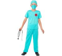 Smiffys Disfraz de cirujano, Azul, con parte de arriba, pantalón, gorro, mascarilla y estetoscopio Halloween, Carnaval