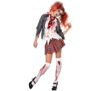Smiffys Disfraz de colegiala zombi High School Horror, Gris, con blazer, blusa incorporada, corbata y falda Halloween