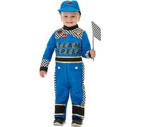 Smiffys Disfraz de conductor de coche de carreras para niños pequeños, Azul, con mono, gorra y bandera