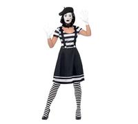 Smiffys Disfraz de dama mimo, Negro, Vestido, cuello, boina, guantes, medias y maquillaje Halloween