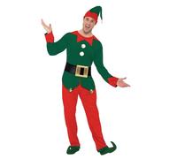 Smiffys Disfraz de Elfo, Rojo y Verde con Parte Superior, Pantalones, Sombrero y cinturón, Disfraz de Navidad para Adultos, Disfraces de Elfo