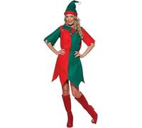 Smiffys Disfraz de elfo, traje de Navidad rojo y verde para mujer, incluye túnica con campanas y sombrero, talla única para adultos, disfraz festivo de ayudante de Papá Noel, talla XXL