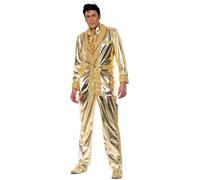 Smiffys Disfraz de Elvis en dorado para adultos, chaqueta, camisa frontal y pantalones, licencia oficial, chaqueta dorada con detalle de solapa y camisa con volantes frontales, ideal para eventos