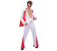 Smiffys - Disfraz de Elvis Presley blanco para adultos, traje de rock 'n' roll de los años 70 con capa, disfraz de rey del rock Elvis para hombre, overol de icono de la música de los años 70