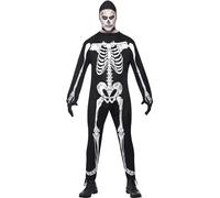 Smiffys Disfraz de esqueleto de cuerpo entero, Negro, con capucha y guantes Halloween, Carnaval