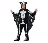 Smiffys Disfraz de esqueleto de murciélago, blanco y negro con body con capucha y alas adjuntas, disfraz de Halloween para niños, disfraz de murciélago