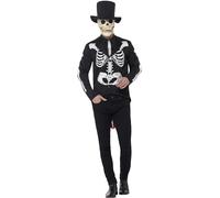 Smiffys Disfraz de esqueleto de novio del día de muertos, Negro, con chaqueta, camisa falsa, corbata, sombrero y máscara de látex