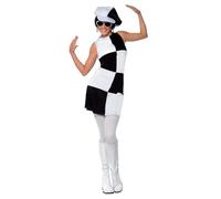 Smiffys Disfraz de fiesta chica años 60, negro y blanco, con vestido y sombrero Halloween, Carnaval
