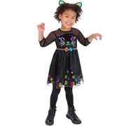 Smiffys Disfraz de gato arcoíris, para niños pequeños, con vestido y diadema, disfraz de Halloween para niños