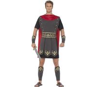 Smiffys Disfraz de gladiador romano, negro con túnica, capa adjunta, puños y puños de piernas, disfraz de leyendas y mitos, disfraces para adultos