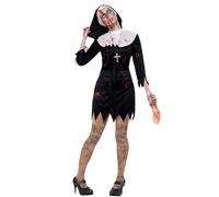 Smiffys Disfraz de Hermana Zombi, Vestido Negro, Tocado, cinturón y Collar de Cruz, Disfraz de Halloween para Adultos, Disfraces de Halloween