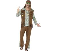 Smiffys Disfraz de hippie años 60, multicolor, con pantalones, camiseta, chaleco, medallón y cinta para la cabeza
