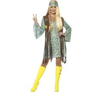 Smiffys Disfraz de hippie años 60 para chica, multicolor, con vestido, chaleco, medallón y cinta para la cabeza Halloween, Carnaval