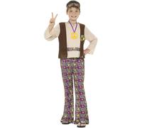 Smiffys Disfraz de hippy para chico, multicolor, con camiseta, chaleco cosido, pantalones, medallón y cinta para la cabeza Halloween, Carnaval