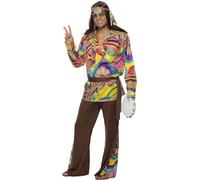 Smiffys Disfraz de hippy psicodélico, multicolor, con pantalones, camisa, banda para el pelo y cinturón
