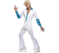 Smiffys Disfraz de hombre disco, todo es un solo disfraz, enterizo con camisa unida, estilo de los 70 Halloween, Carnaval
