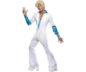 Smiffys Disfraz de hombre disco, todo es un solo disfraz, enterizo con camisa unida, estilo de los 70 Halloween, Carnaval